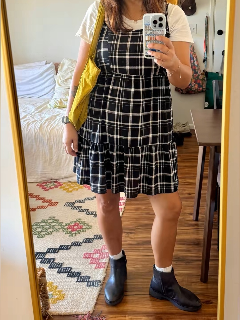 Plaid Black and Cream Tiered Babydoll Mini Dress L 90’s Y2K Grunge Goth Fall